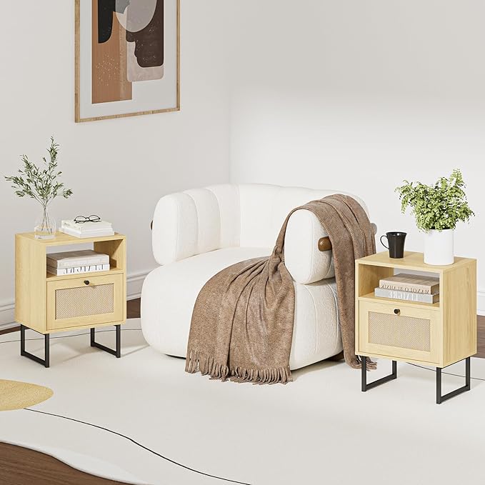 Masupu Rattan Nightstand,Modern Boho Farmhouse Wood Bedside Table with Storage Drawer and Open Shelf,Small Black Frame Side End Table for Bedroom,Living Room,Office (Natural)