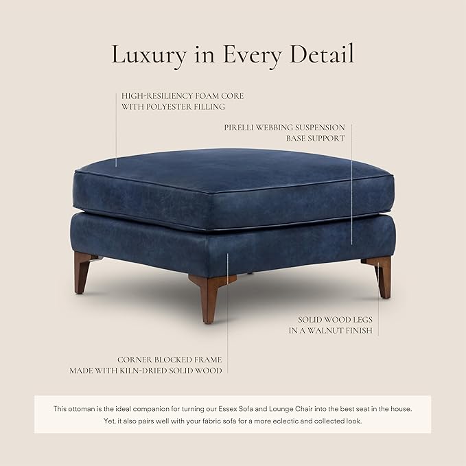 POLY & BARK Essex Ottoman - 35” Large with Feather-Down Topper - Full-Grain Leather Upholstered Ottoman - Couch for Living Room - Vintage Italian Leather in Midnight Blue