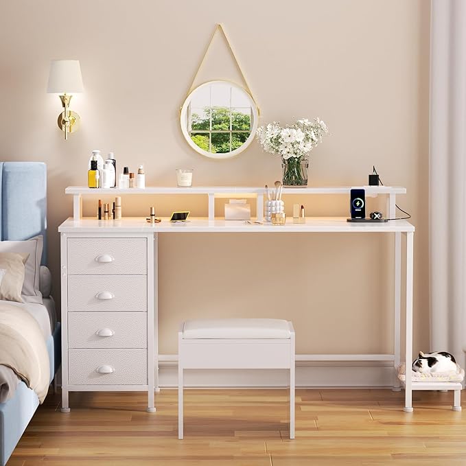 Furologee 55" White Computer Desk with 4 Fabric Drawers & Monitor Stand, Gaming Desk with Power Outlets - LED Lights, Home Office Space-Saving Study Table for Bedroom Small Spaces