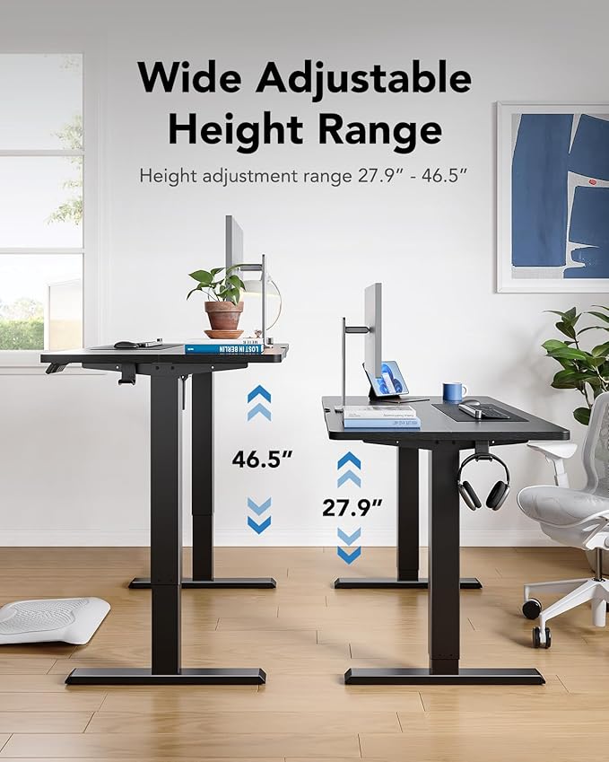 HUANUO 55" x 28" Electric Standing Desk Adjustable Height, 4 Memory Height Settings, Headphone Hook, Cable Manager, Sit Stand Up Desk for Home Office & Computer Workstation, Black