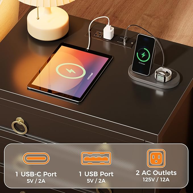 Huuger 23.6 Inch Night Stand with Charger Station and USB-C Port, 3 Drawer Nightstand, Larger Wider Bedside Table, Modern Side End Table, for Bedroom, Black Nightstand