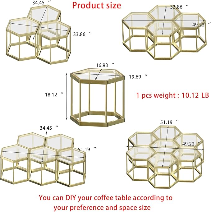 Gold Coffee Table Glass Modern Coffee Table, Hexagon Free Combination Glass Center Table Small End Tables with Metal Frame for Living Room Set of 1