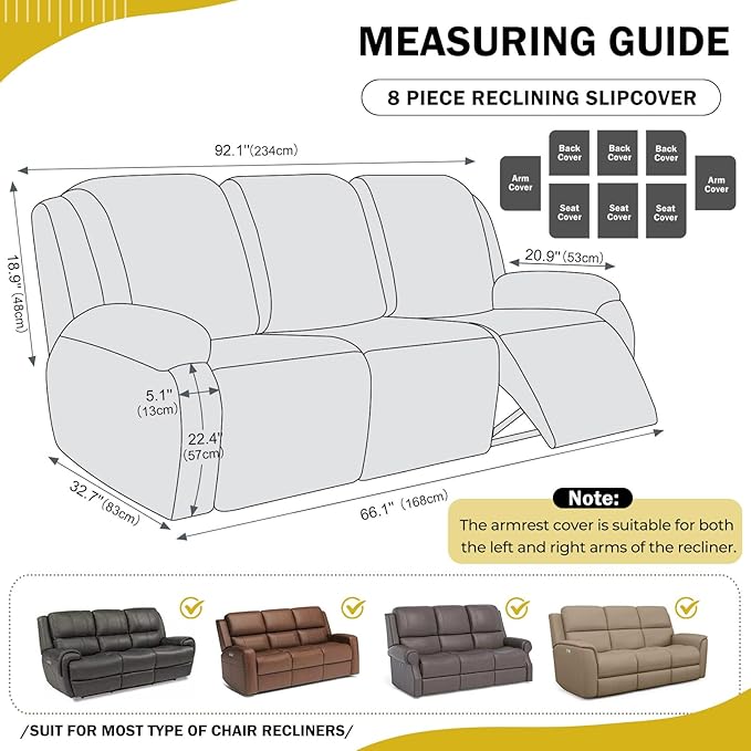 vctops 8 Pieces Geometric Jacquard Plush Recliner Sofa Covers Soft Fuzzy Fluffy 3 Seats Couch Cover Anti-Slip Sofa Slipcover Furniture Protector with Elastic Bottom for Kids Pet(Yellow,3 Seat)