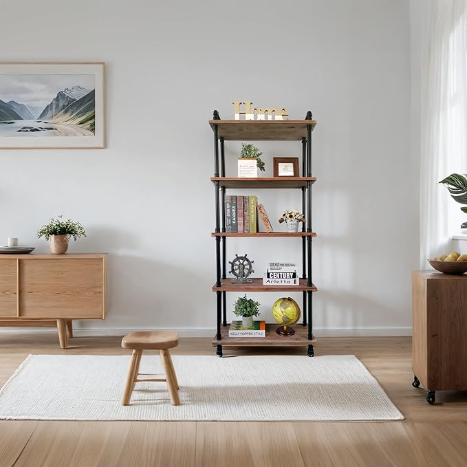 Industrial Bookshelves, Wood Pipe Bookshelf, 5 Shelf Rustic Display Storage Tall Standing Shelf Bookcase for Living Room, Kitchen, Office (Weathered Brown, 29.5" L x 11.8" W x 70" H)