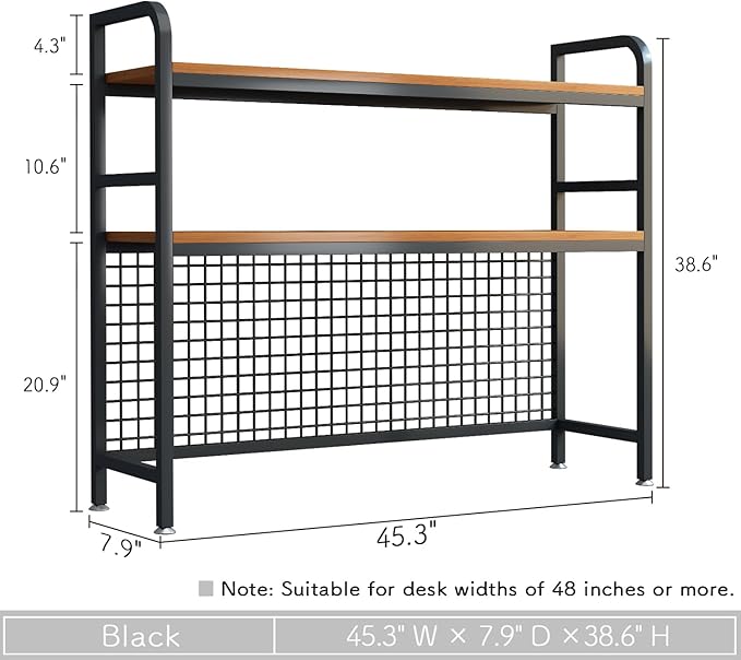 IOTXY 2-Tier Desktop Hutch Bookshelf - Metal Desk Shelf Bookcase with Grid Panel, Countertop Storage Organizer Rack for Dorm or Office, Black, 45.3" W