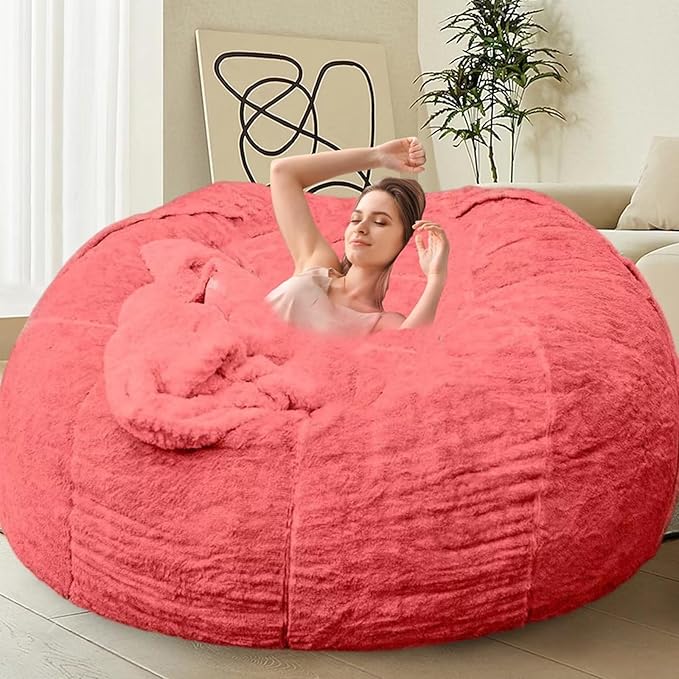 Bean Bag Chair for Adults Kids Without Filler Comfy Giant Round Lazy Sofa Chair Cover Floor Chair Cover for Bedroom Living Room, 7FT, Rose Red