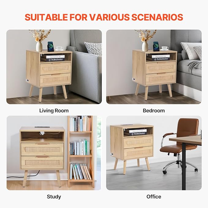VEVOR Rattan Nightstand, Boho Bedside Table with Open Shelf 2 Drawers, End Table Nightstand with Solid Wood Legs, Rattan Bedside Table with Charging Station, for Bedroom