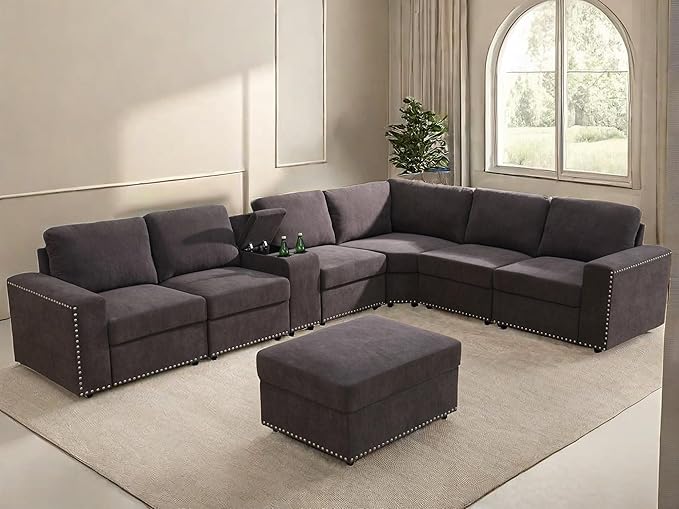 Sectional Couches for Living Room, Modular Sectional Sofa with Ottoman, Modern Nail-Head Design Large Corner L Shaped Couch with Cup Holder for Bedroom, Brown
