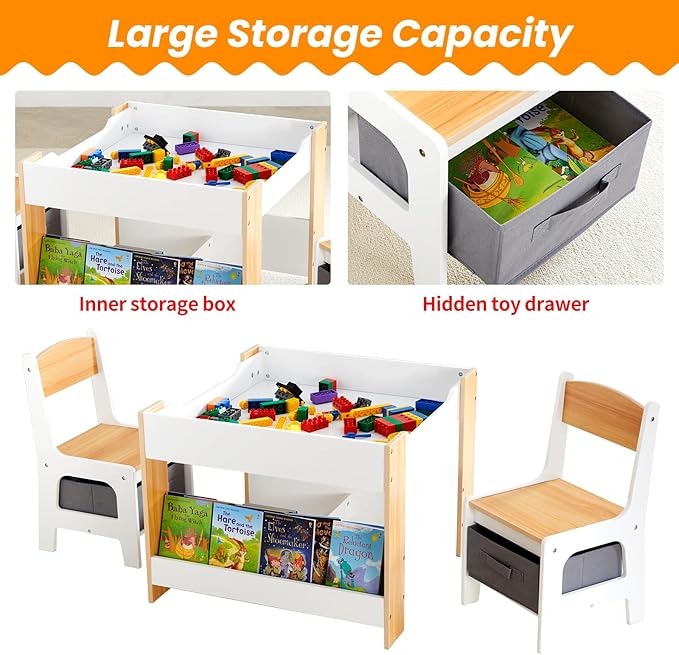 Asweets Kids Table and Chair Set,4 in 1 Toddler Desk with Storage Drawer,Wooden Activity Table for 2 in 1 Detachable Tabletop,Bookshelf,Suitable for Classroom,Home,Nursery,Playroom (Natural White)