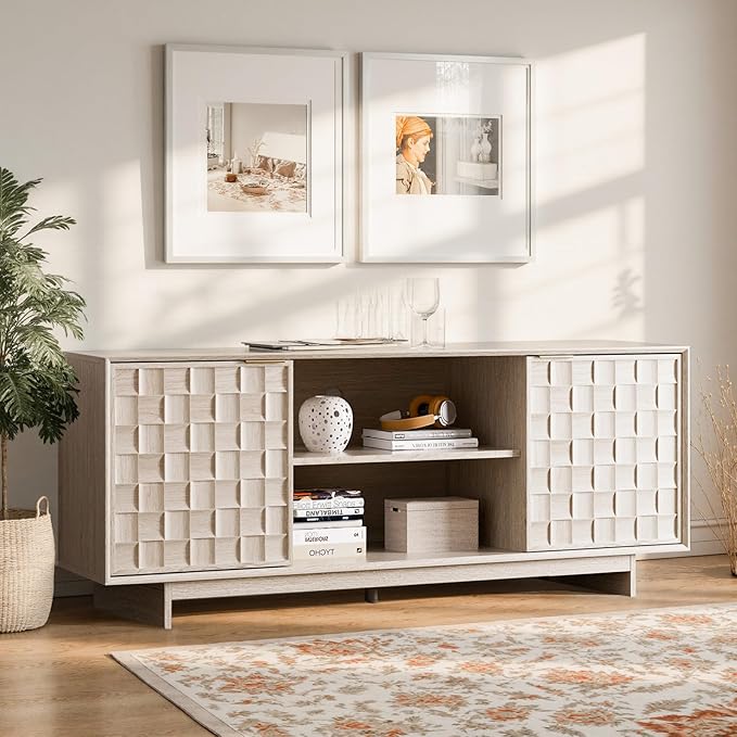 COLAMY TV Stand with Two Doors, Entertainment Center 59" with Adjustable Shelves and Storage, Mid-Century Modern TV Stand for 50/55/65 inch TV, Media Console Cabinet for Living Room, Bedroom Oak