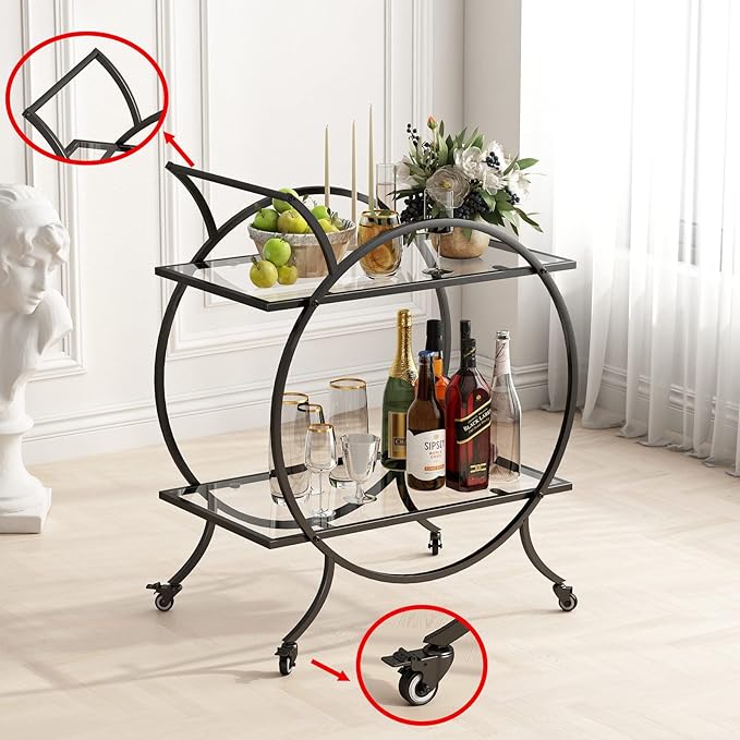 Industrial Bar Carts for The Home Bar Serving Cart, Rolling Bar Cart Black with Lockable Caster Wheels, Glass Bar Carts with 2 Mirrored Shelves, Storage Wine Carts for Kitchen, Party