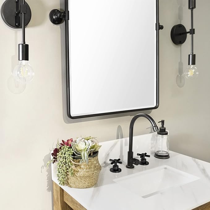 Farmhouse Pivot Rectangle Bathroom Mirror Black Metal Framed Tilting Beveled Vanity Mirrors for Wall 20x30''
