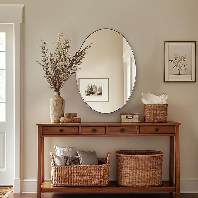 ANDY STAR Brushed Nickel Oval Mirrors for Bathroom, 22x30 Inch Silver Stainless Steel Metal Framed Oval Wall Mirror, Modern Vanity Mirror Wall Mount Horizontal or Vertical