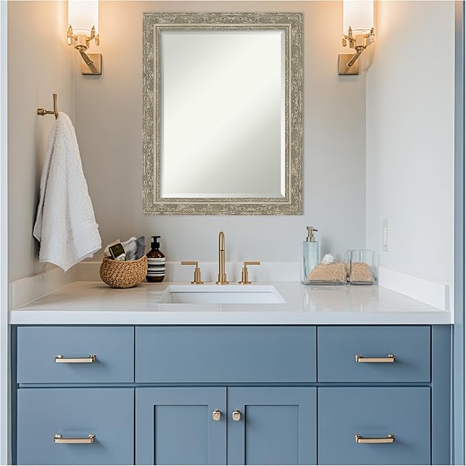 Amanti Art Bathroom Mirror for Over Sink, 29x23 Filigree Silver Rectangle Vanity Mirror, Medium Traditional Frame, Hangs Horizonally and Vertically, Bathroom Wall Decor, Beveled Edge