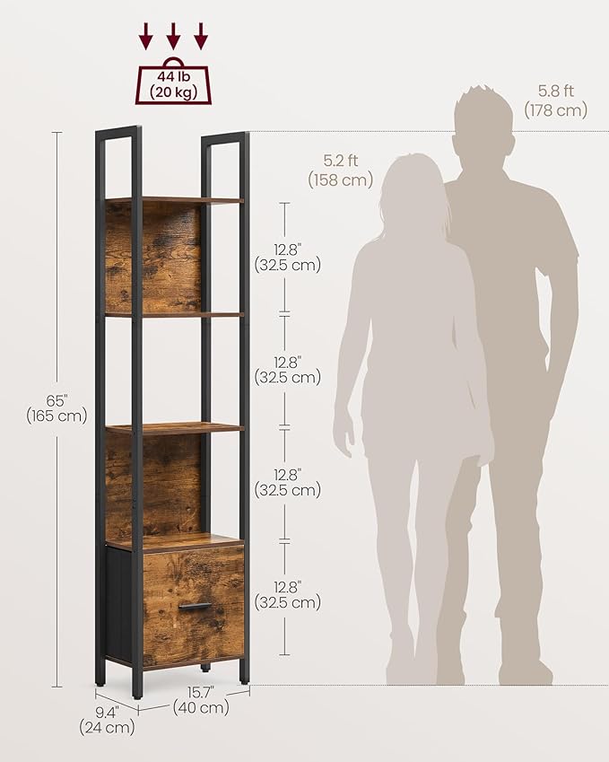 VASAGLE 5-Tier Bookshelf, Book Shelf with Drawer, Industrial Bookcase, with Steel Frame, for Living Room, Home Office, Bedroom, 9.4 x 15.7 x 65 Inches, Rustic Brown and Black ULLS146B01