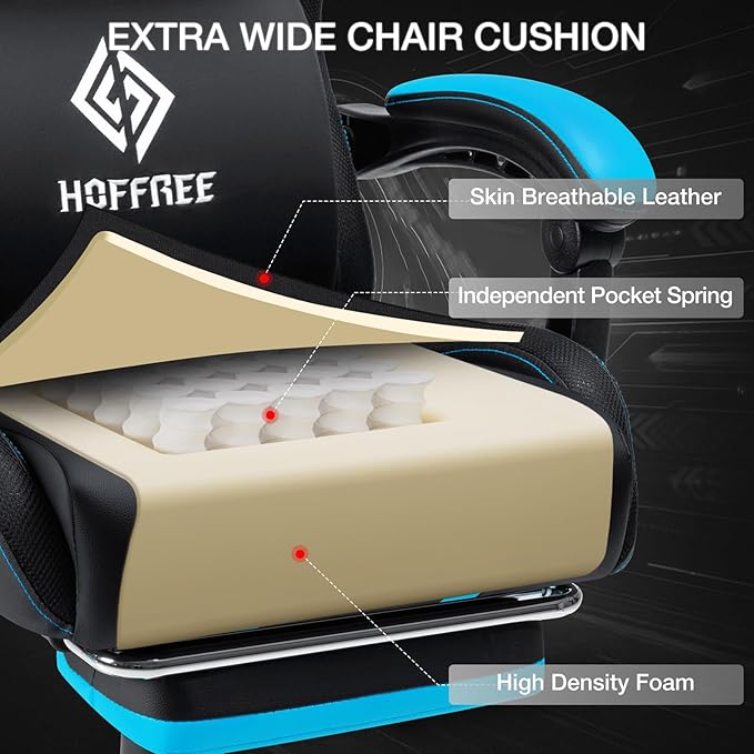 HOFFREE Gaming Chair with Music Rhythm RGB LED Lights and Bluetooth Speakers Ergonomic Massage Computer Gaming Chair with Footrest Video Game Chair High Back with Lumbar Support Blue and Black
