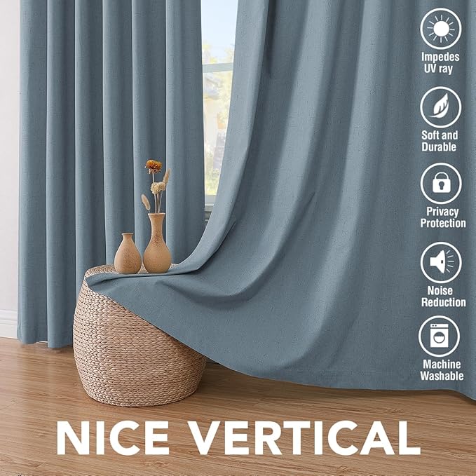 H.VERSAILTEX Linen Blackout Curtains 84 Inches Long 100% Blackout Thermal Insulated Textured Linen Look Curtain Draperies Anti-Rust Grommet, Energy Saving with White Liner, 2 Panels, Stone Blue
