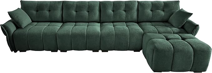 Modern Chenille Fabric 4-Seat Sofa w/Ottoman+2 Pillows, Premium Upholstery Living Room Couch with Tufted Backrest & Comfortable Armrests and High-Resilience Memory Foam Cushions,Green