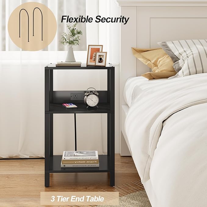 TUTOTAK Record Player Stand with Storage Up to 100 Albums，Record Storage Table,3 Tier End Table with Charging Station,Side Table for Living Room, Bedroom, Black TB01BK076