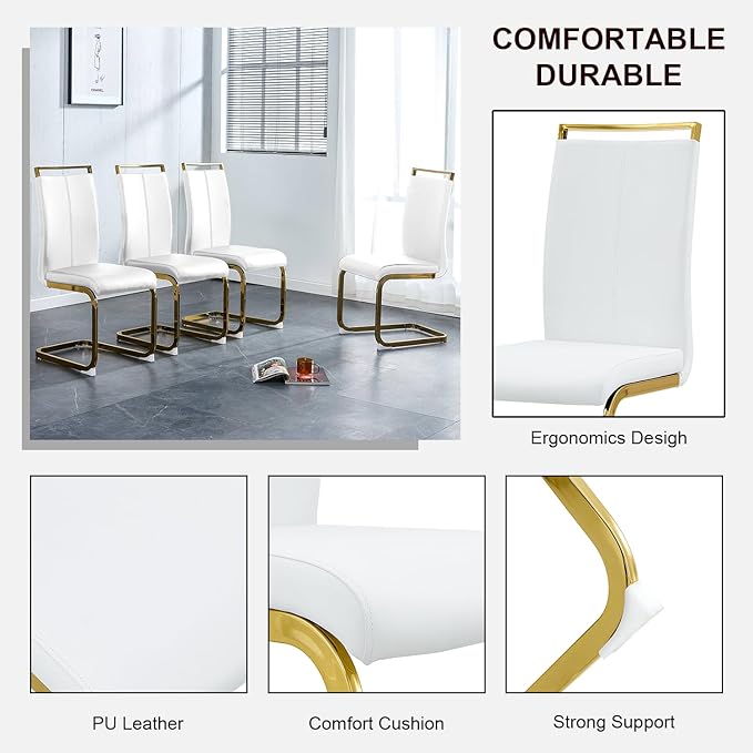 Modern Dining Chairs Set of 4,High Back White Kitchen Chairs,Faux Leather Side Chair with Gold Plated Metal Legs,Easy to Clean Upholstered Dining Chairs,Ideal for Living Room(Gold Leg)