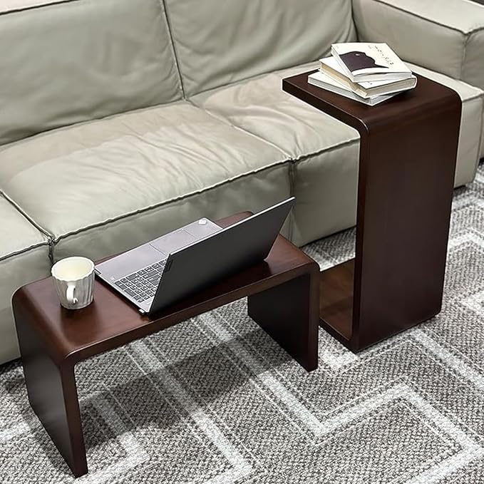 C Shaped End Table, Solid Wood C Side Table for Couch Sofa and Bed, Sofa Tables That Slide Under for Space Saving, Small Snack C Tables for Living Room Bedroom (H 24.4″ - Brown, 2)