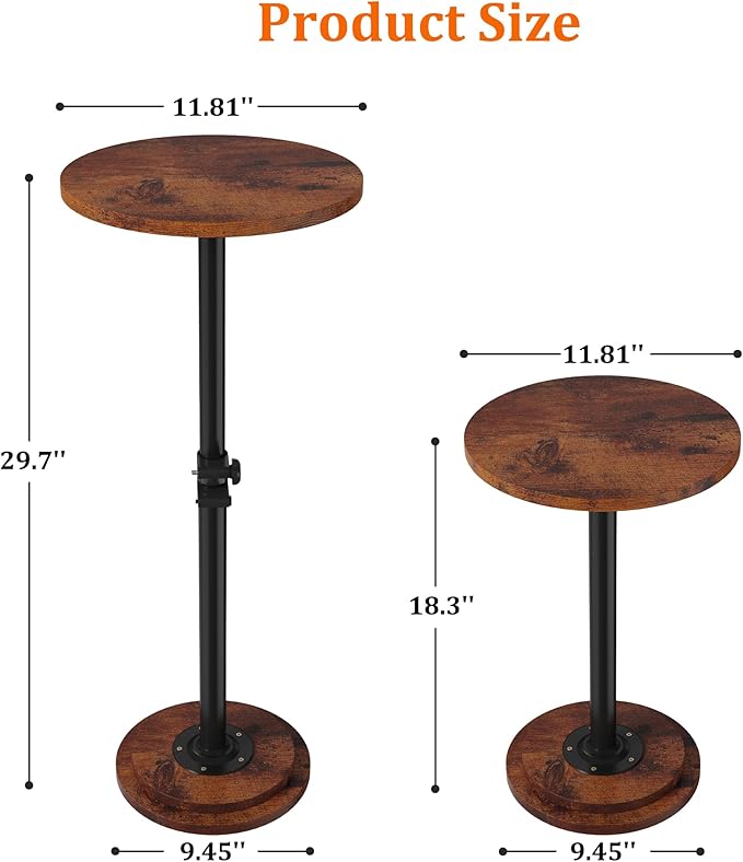 2Pack Drink Table - 360° Swivel Height Adjustable for Small Spaces, Round Side Martini Pedestal Table for Sofa Couch, Living Room, Bedroom, Vintage