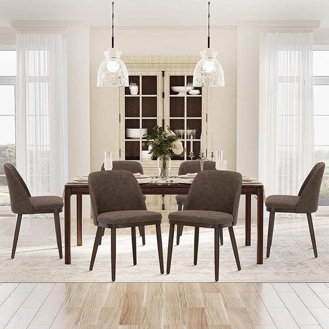 COLAMY Upholstered Dining Chairs Set of 6, Modern Kitchen Chairs with Back, Leather Side Dining Room Chairs with Wood Legs for Kitchen Dining Room Restaurant, Dark Brown
