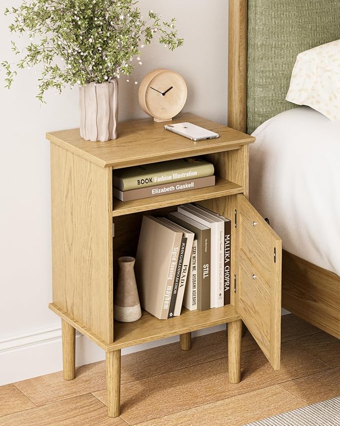 Nightstand, Boho Night Stand with 1 Drawers, Modern Side Accent Table with Open Shelf, Wooden Top Bedside End Table for Bedroom, Living Room, Yellow Oak