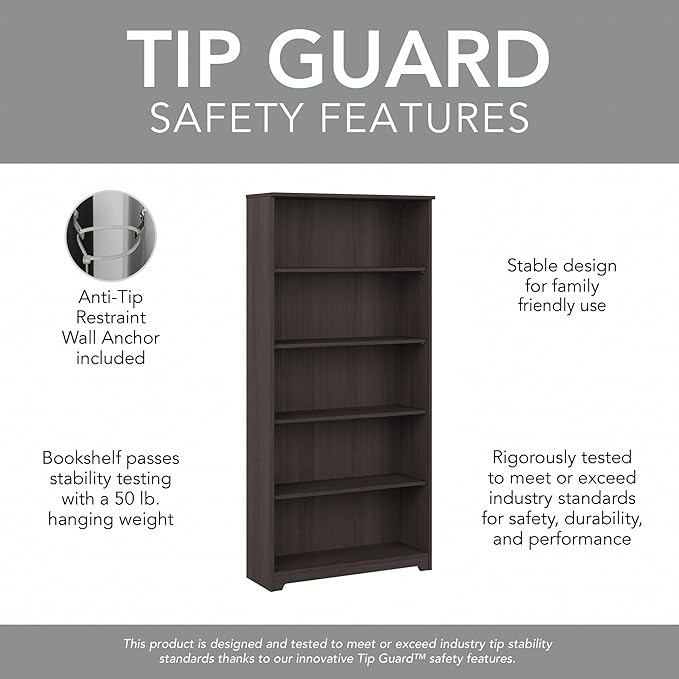 Bush Furniture Cabot Tall 5 Shelf Bookcase | Large Open Bookshelf in Heather Gray | Sturdy Display Cabinet for Library, Living Room, and Home Office