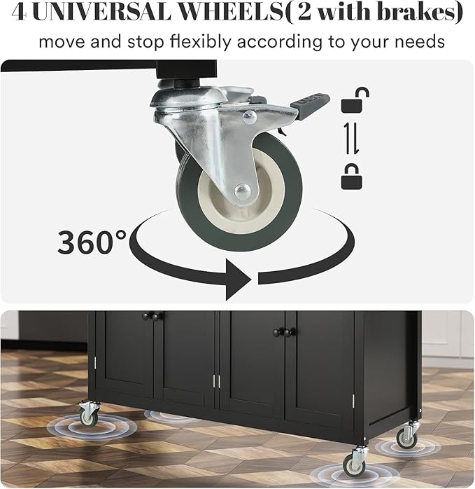 Rovibek Large Wood Island Table with Storage, 54 in Width, Portable Moveable Kitchen Island on Wheels, Black with Drawers Cabinet Spice Rack Towel Rack