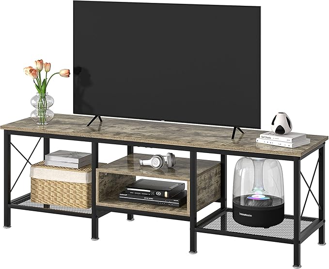 VECELO Industrial TV Stand for 70 Inch Television Cabinet 3-Tier Console with Open Storage Shelves, Entertainment Center Metal Frame for Living Room, Bedroom, 63 Inch, Light Grey
