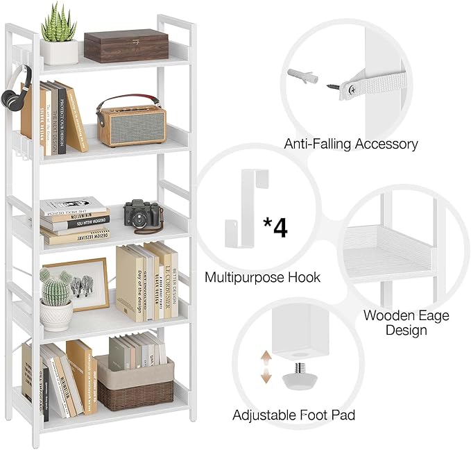 Rolanstar Bookshelf 5 Tier with 4 Hooks, Industrial Bookcase, Vintage Storage Rack with Open Shelves, Rustic Standing Bookshelves Metal Frame Display Rack for Living Room, Bedroom, White