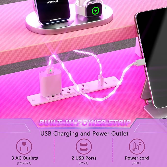 40 Inch Pink Gaming Desk with Power Outlet & LED Lights, Corner Computer Desk with 3 Tiers Storage Shelves, L Shaped Gaming Desk with Monitor Stand for Bedroom