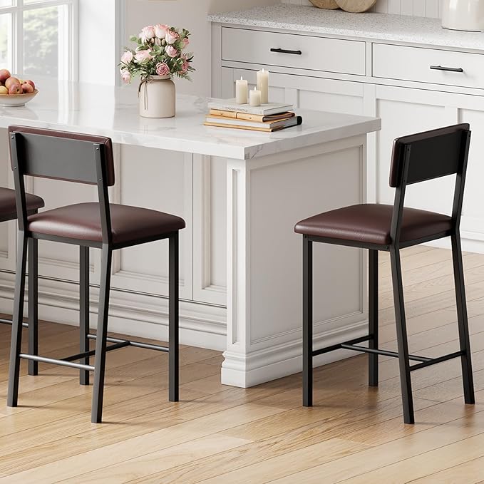 GarveeHome Bar Stools Set of 2, Counter Stools with Back and Thickened Metal Legs, Upholstered PU Leather Counter Height Barstools with Footrest, for Kitchen Island, Bar, Dark Brown