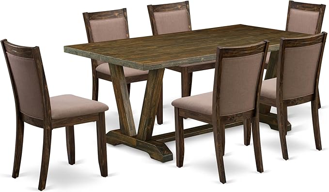 East West Furniture V777MZ748-7 7 Piece Modern Dining Table Set Consist of a Rectangle Wooden Table with V-Legs and 6 Coffee Linen Fabric Upholstered Chairs, 40x72 Inch, Multi-Color