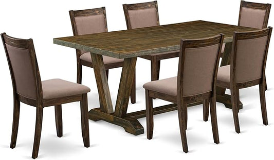 East West Furniture V777MZ748-7 7 Piece Modern Dining Table Set Consist of a Rectangle Wooden Table with V-Legs and 6 Coffee Linen Fabric Upholstered Chairs, 40x72 Inch, Multi-Color