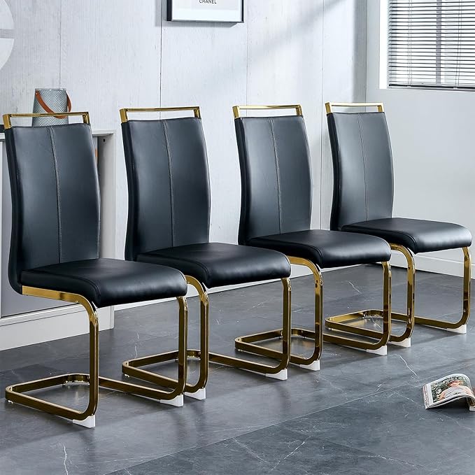 Modern Dining Chairs Set of 4,High Back Black Kitchen Chairs,Faux Leather Side Chair with Gold Plated Metal Legs,Easy to Clean Upholstered Dining Chairs,Ideal for Living Room(Gold Leg)