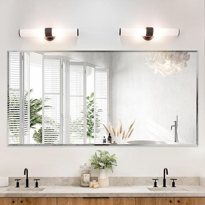 Frameless Beveled Edge Bathroom Mirror 36x72 Inch Rectangle Wall Mirror Explosion Proof and Shatterproof Bathroom Vanity Mirror Wall Mounted Hang Firmly (Horizontal or Vertical)