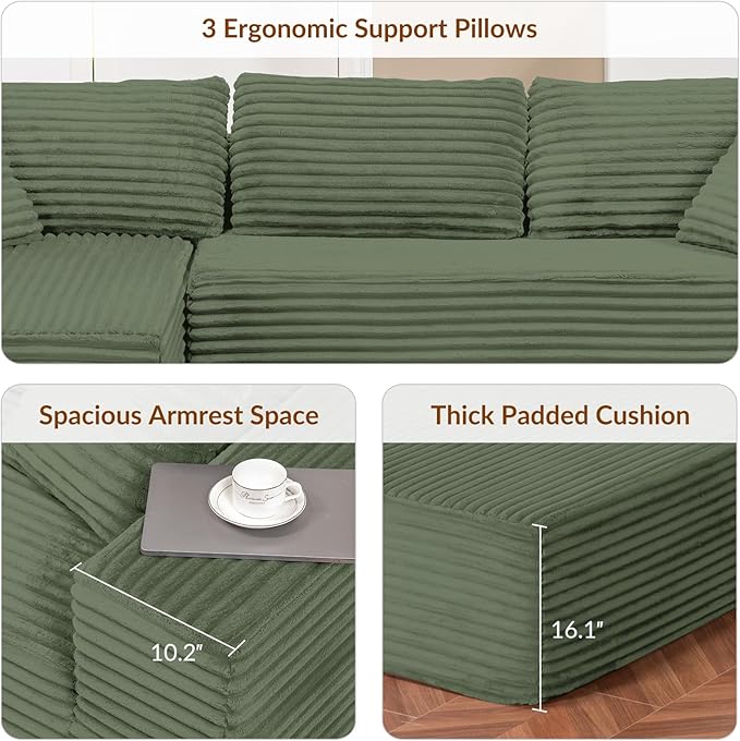 COMHOMA 105”Modular Sectional Sofa with Deep Seat,Cloud Upholstered L-Shape Couch Wide Arms Corduroy Fabric High-Density Foam Chaise Lounge for Living Room No Assembly Required