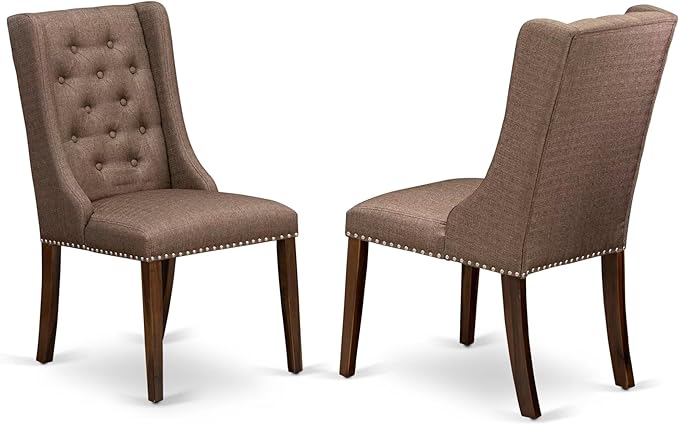 F7FO7-50N-18 - 7-Piece Dining Room Set Contains A Kitchen Table and 6 Brown Polyester Fabric Parsons Chairs with Button Tufted Back, Antique Walnut