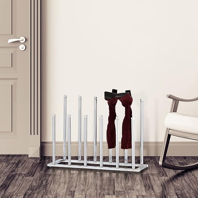 MyGift Modern Chrome Plated Metal 6 Pair Tall Boot Rack Display Holder, Freestanding Entryway or Closet Shoes and Boot Stand Organizer, Made in Taiwan