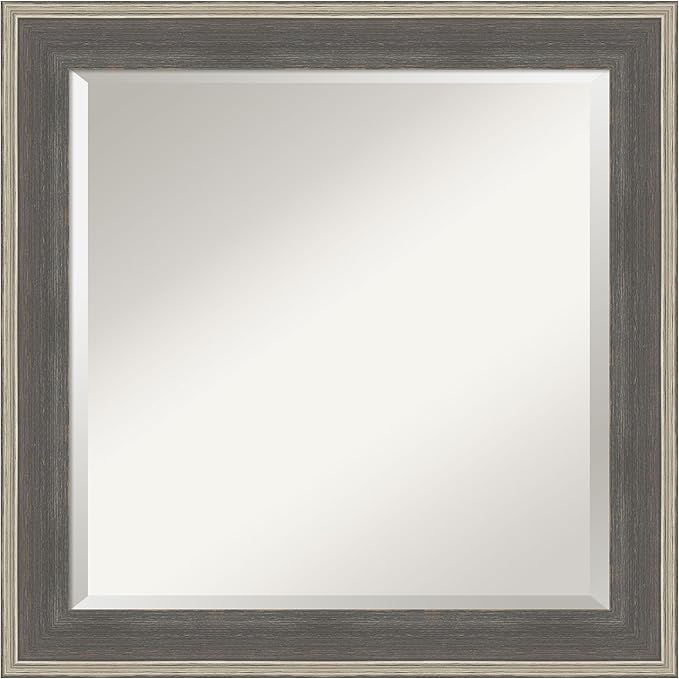 Amanti Art Grey Wall Mirror 25x25 Cottage Grey Silver Square Bathroom Mirror for Wall Decor Living Room, Medium Casual Wood Frame, Hangs Horizonally and Vertically, Bathroom Decor, Beveled Edge