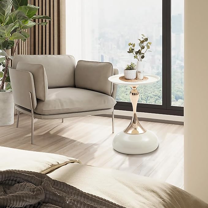 White Pedestal Side Table for Small Spaces, Metal Round Unique End Tables Living Room Modern Corner Accent Table, Martini Table Small Drink Table for Couch, Sofa, Recliner