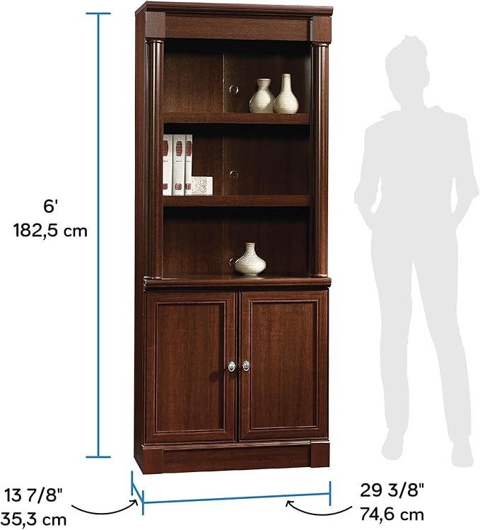 Sauder Palladia Book Shelf, Bookshelf with Storage, Library Bookcase with Doors and Adjustable Shelves, L: 29.37" x W: 13.90" x H: 71.85", Select Cherry