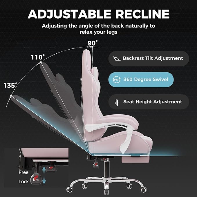 GTPLAYER Gaming Chair with Footrest, Computer Chair with and Lumbar Support, Height Adjustable Game Chair with 360°-Swivel Seat and Headrest and for Office or Gaming (Pink-Fabric)