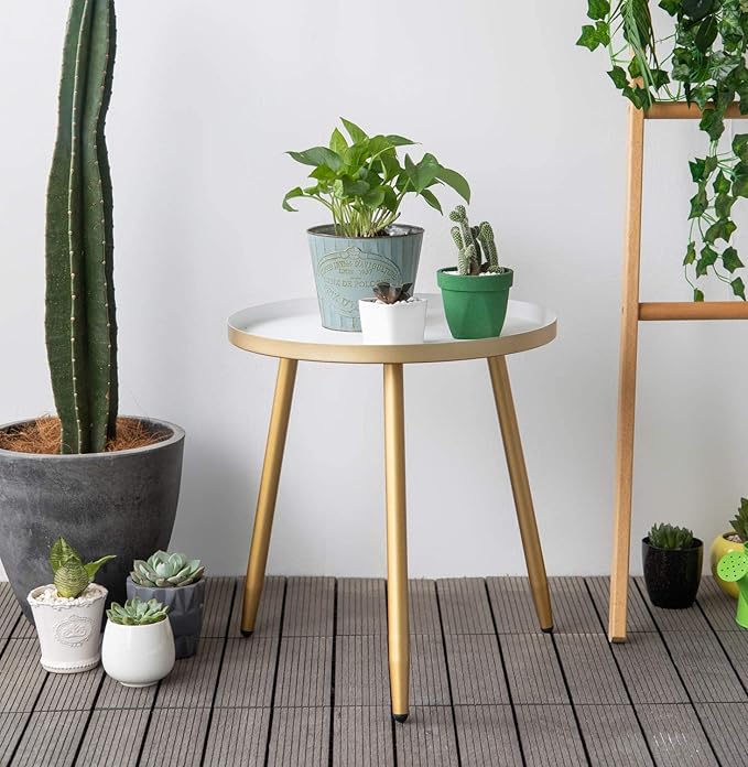 AOJEZOR Side Table: End Table for Any Room - Round Side Tables for Small Spaces - White Top with 3 Gold Legged