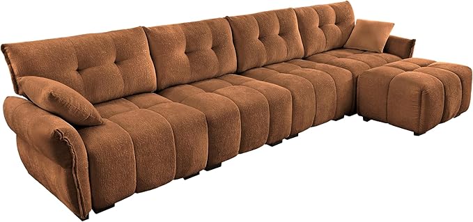 Modern Chenille Fabric 4-Seat Sofa w/Ottoman+2 Pillows, Premium Upholstery Living Room Couch with Tufted Backrest & Comfortable Armrests and High-Resilience Memory Foam Cushions,Orange
