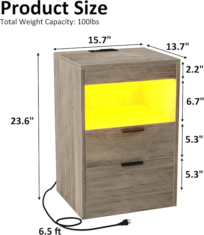 Gadroad LED Nightstand with Charging Station, Bedside Table with 3 Drawers and LED Lights, End Table Sofa Couch Side Table with Pull-Out Shelf, Grey