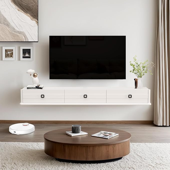 Pmnianhua High Gross Floating TV Stand,74″ Solid Wood Wall Mounted TV Console,Floating Entertainment Center with Door and 2 Drawers,Under TV Shelf for TVs up to 85''(White)
