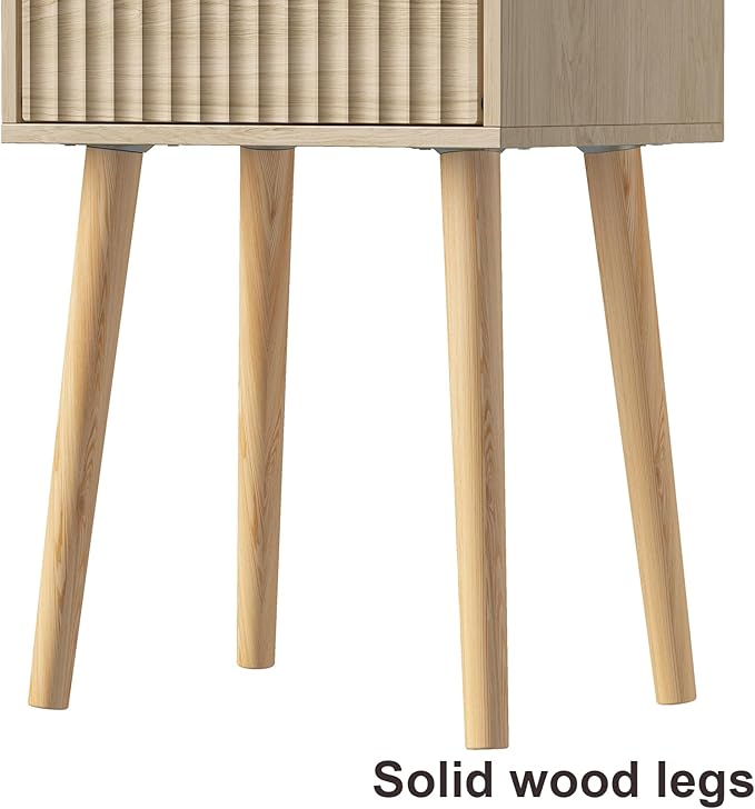 LAATOOREE Nightstand Set of 2, Small Bed Side Table with Fluted Door, End Table with Solid Wood Legs, Mid-Century Bedside Table for Bedroom Small Space